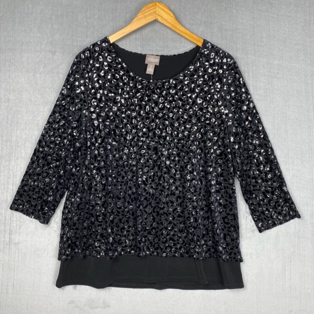 Chicos Top Womens 2 Large Black Cheetah Burnout Velvet 3/4 Sleeve Holidays NWT‎